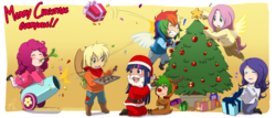 Size: 1746x750 | Tagged: safe, artist:hazurasinner, applejack, fluttershy, pinkie pie, rainbow dash, rarity, spike, twilight sparkle, human, g4, chibi, christmas, christmas tree, cute, dashabetes, diapinkes, female, holiday, human spike, humanized, jackabetes, male, mane seven, mane six, party cannon, raribetes, rudolph nose, santa claus, shyabetes, spikabetes, spike is not amused, tree, twiabetes, unamused, winged humanization