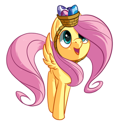 Size: 547x577 | Tagged: safe, artist:reuniclus, fluttershy, pegasus, pony, g4, basket, basket hat, cute, easter, easter egg, egg, female, hat, looking up, mare, open mouth, open smile, shyabetes, simple background, smiling, solo, spread wings, standing, white background, wings