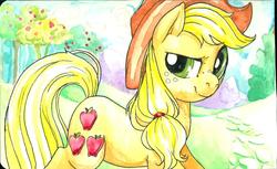Size: 1280x784 | Tagged: safe, artist:buttercupsaiyan, applejack, earth pony, pony, g4, female, mare, solo, traditional art, tree, watercolor painting