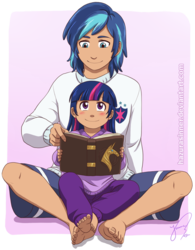Size: 707x908 | Tagged: safe, artist:hazurasinner, shining armor, twilight sparkle, human, g4, 2010s, 2012, ankles, barefoot, bbbff, blue eyes, blue hair, blushing, book, book of harmony, brother and sister, clothes, crossed legs, cute, equestria's best big brother, eye contact, family, feet, female, filly, filly twilight sparkle, front view, happy, humanized, jumper, legs, looking at each other, male, male feet, moderate dark skin, multicolored hair, pajamas, pants, purple eyes, reading, shorts, siblings, sitting, smiling, sweater, sweatpants, toenails, twiabetes, watermark, younger