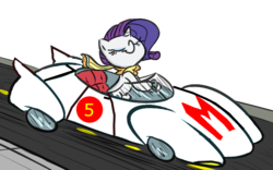 Size: 765x478 | Tagged: safe, artist:tess, rarity, pony, unicorn, g4, car, clothes, driving, eyes closed, female, mach 5, mare, recolor, scarf, simple background, solo, speed racer, transparent background