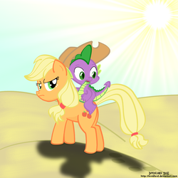 Size: 1000x1000 | Tagged: safe, artist:invidlord, applejack, spike, dragon, earth pony, pony, g4, accessory swap, applejack is not amused, butt, desert, dragons riding ponies, duo, duo male and female, female, male, mare, plot, riding, ship:applespike, shipping, spike riding applejack, straight, unamused