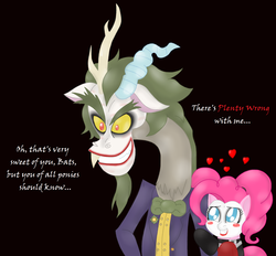 Size: 1700x1577 | Tagged: safe, artist:blackbewhite2k7, discord, pinkie pie, draconequus, earth pony, pony, g4, arkham city, batman, clothes, cosplay, costume, crossover, dc comics, discord using contractions, female, harley quinn, jokercord, male, mare, parody, pinkie quinn, ship:discopie, shipping, straight, the joker