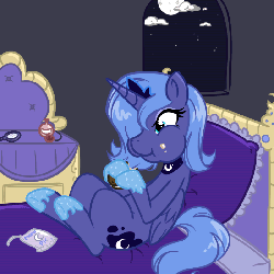 Size: 800x800 | Tagged: safe, artist:bamboodog, princess luna, alicorn, pony, g4, animated, artifact, bed, chewing, crown, cute, cutie mark, eating, female, filly, gif, horn, jewelry, mare, mirror, moon, moon pie, night, nom, perfume, regalia, s1 luna, solo, stars, window, wings, woona, wrapper, younger