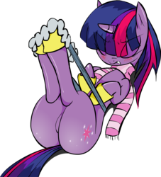 Size: 1769x1946 | Tagged: safe, artist:zev, twilight sparkle, pony, unicorn, g4, winter wrap up, blushing, boots, butt, eyes closed, featureless crotch, female, mare, on back, plot, saddle, scarf, simple background, solo, transparent background, twibutt, unicorn twilight