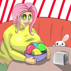 Size: 1600x1600 | Tagged: safe, artist:metalforever, angel bunny, fluttershy, human, g4, big breasts, breasts, busty fluttershy, clothes, eyes on the prize, fat, fattershy, female, food, huge breasts, humanized, ice cream, spoon, sweatershy