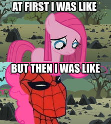 Size: 514x577 | Tagged: artist needed, safe, edit, edited screencap, screencap, pinkie pie, earth pony, pony, g4, sonic rainboom (episode), the cutie mark chronicles, 60s spider-man, comic, female, filly, image macro, male, meme, pinkamena diane pie, spider-man, younger