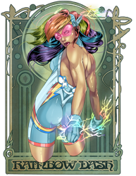 Size: 2150x2789 | Tagged: safe, artist:raspbearyart, rainbow dash, human, g4, abstract background, ass, backless, butt, clothes, female, gloves, goggles, humanized, looking back, magic, simple background, superhero, transparent background, wedgie