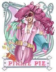 Size: 2153x2786 | Tagged: safe, artist:raspbearyart, pinkie pie, human, g4, abstract background, bodysuit, cleavage, dynamite, explosives, female, humanized, mask, party cannon, simple background, solo, superhero, transparent background