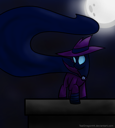 Size: 900x1000 | Tagged: safe, artist:tealdragon44, mare do well, pony, g4, clothes, costume, hat, moon, night, rooftop, solo