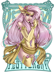 Size: 2153x2786 | Tagged: safe, artist:raspbearyart, fluttershy, human, g4, abstract background, armlet, bracelet, circlet, clothes, evening gloves, feather in hair, female, flower, flower in hair, frown, gloves, humanized, jewelry, lipstick, long gloves, looking at you, shy, simple background, socks, solo, superhero, thigh highs, transparent background