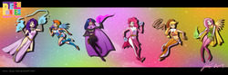 Size: 2430x810 | Tagged: safe, artist:kiniki-chan, applejack, fluttershy, pinkie pie, rainbow dash, rarity, twilight sparkle, human, g4, abstract background, belly button, boxing gloves, cape, clothes, costume, crossover, dress, female, fingerless gloves, gloves, humanized, magic, mane six, midriff, superhero, teen titans, winged humanization