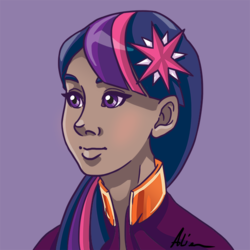 Size: 600x600 | Tagged: safe, artist:alienfirst, twilight sparkle, human, g4, bust, dark skin, female, humanized, indian, portrait, simple background, solo, thick eyebrows