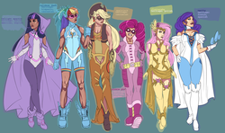 Size: 1600x945 | Tagged: source needed, safe, artist:raspbearyart, applejack, fluttershy, pinkie pie, rainbow dash, rarity, twilight sparkle, human, g4, cape, clothes, costume, dark skin, female, humanized, mane six, mask, superhero, winged shoes