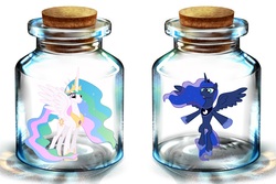 Size: 1200x800 | Tagged: artist needed, safe, princess celestia, princess luna, alicorn, pony, g4, bottle, female, mare, pony in a bottle