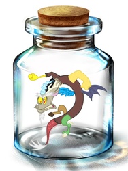 Size: 600x800 | Tagged: artist needed, safe, discord, draconequus, g4, angry, bottle, male, micro, pony in a bottle, solo