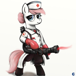 Size: 900x900 | Tagged: artist needed, source needed, safe, nurse redheart, earth pony, pony, g4, bipedal, clothes, female, mare, medic, medic (tf2), solo, team fortress 2