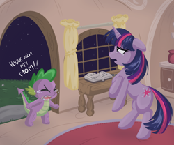 Size: 1140x950 | Tagged: safe, artist:bamboodog, spike, twilight sparkle, dragon, pony, unicorn, g4, angry, baby, baby dragon, bipedal, book, carpet, crying, curtains, drawer, duo, eyes closed, feels, female, fight, floppy ears, golden oaks library, grass, harsher in hindsight, heartbreak, hilarious in hindsight, male, mama twilight, mare, night, open mouth, pot, raised hoof, rearing, rock, sad, screaming, shelf, stars, truth, unicorn twilight, window, yelling