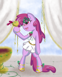 Size: 867x1066 | Tagged: safe, artist:bamboodog, berry punch, berryshine, earth pony, pony, alcohol, bacchus, bipedal, classical, clothes, dionysus, drunk, female, grapes, greek, hoof hold, laurel wreath, mare, roman, sandals, shoes, solo, toga, tunic, vine, wine