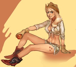 Size: 1461x1281 | Tagged: dead source, safe, artist:sniikt, applejack, human, g4, apple, applejack's hat, belly button, boots, breasts, busty applejack, cleavage, clothes, cowboy boots, cowboy hat, cutie mark on human, daisy dukes, female, front knot midriff, gloves, hat, humanized, midriff, no more ponies at source, obligatory apple, sitting, solo