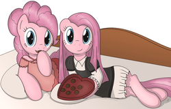 Size: 975x623 | Tagged: safe, artist:tg-0, pinkie pie, earth pony, pony, g4, bed, duality, female, looking at you, mare, on side, pinkamena diane pie, self ponidox, smiling