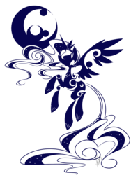 Size: 1200x1600 | Tagged: safe, artist:bamboodog, princess luna, alicorn, pony, g4, female, flying, hooves, horn, mare, minimalist, modern art, moon, simple background, solo, spread wings, transparent background, wings