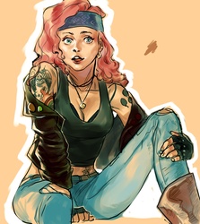 Size: 1069x1200 | Tagged: dead source, safe, artist:sniikt, pinkie pie, human, g4, bandana, clothes, ear piercing, earring, fashion, female, fingerless gloves, gloves, headband, humanized, jewelry, metal, no more ponies at source, piercing, sitting, solo, tattoo