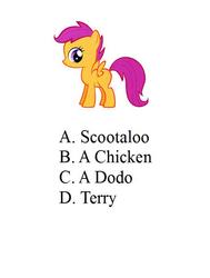 Size: 516x681 | Tagged: safe, scootaloo, chicken, pegasus, pony, g4, female, filly, meta, scootachicken, simple background, solo, terry, white background