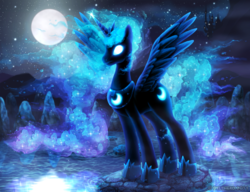 Size: 1000x769 | Tagged: dead source, safe, artist:delthero, nightmare moon, princess luna, alicorn, pony, g4, canterlot, crown, ethereal mane, female, glowing, glowing cutie mark, glowing eyes, hoof shoes, jewelry, mare, moon, night, peytral, regalia, solo, spread wings, standing, stars, water, wings