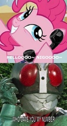 Size: 370x698 | Tagged: safe, pinkie pie, earth pony, pony, g4, exploitable meme, female, irl, kamen rider, kamen rider nigo, mare, meme, phone meme, photo