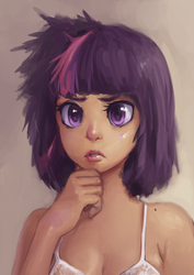 Size: 724x1023 | Tagged: safe, artist:morsangelos, twilight sparkle, human, g4, bed hair, bra, bust, clothes, colored pupils, digital painting, female, humanized, see-through, solo, underwear, white underwear