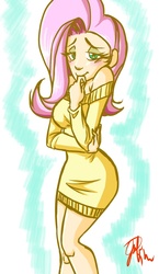 Size: 580x1000 | Tagged: safe, artist:jentiful, fluttershy, human, g4, bedroom eyes, blushing, bottomless, breasts, clothes, female, humanized, off shoulder, solo, stupid sexy fluttershy, sweater, sweater dress, sweatershy