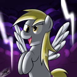 Size: 800x800 | Tagged: safe, artist:chir-miru, derpy hooves, pegasus, pony, g4, cloud, female, lightning, mare, rearing, solo
