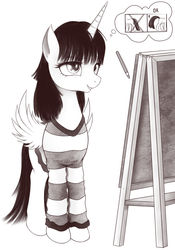 Size: 1400x2000 | Tagged: safe, artist:rainbow, oc, oc only, oc:fausticorn, alicorn, pony, alicorn oc, clothes, drawing, easel, female, lauren faust, mare, monochrome, pencil, ponified, solo