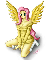 Size: 1024x1280 | Tagged: dead source, safe, artist:magy-san, fluttershy, human, g4, breasts, busty fluttershy, clothes, female, humanized, kneeling, socks, solo, sweater, sweatershy, winged humanization