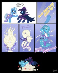 Size: 587x744 | Tagged: safe, artist:kiguren, mare do well, trixie, pony, unicorn, g4, ball of violence, clothes, comic, dialogue, female, fight, leotard, magical girl, mare, parody, sailor moon (series), speech bubble, text, transformation, transformation sequence