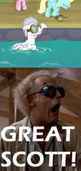 Size: 356x746 | Tagged: safe, edit, edited screencap, screencap, great scott (g4), jetstream, sassaflash, human, pegasus, pony, g4, hurricane fluttershy, back to the future, background pony, christopher lloyd, cropped, crossover, doc brown, female, goggles, great scott, male, mare, stallion, water
