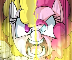 Size: 600x500 | Tagged: safe, artist:uc77, pinkie pie, surprise, earth pony, pegasus, pony, g1, g4, angry, close-up, dragon ball, duality, epic, female, fight, g1 to g4, generation leap, hotblooded pinkie pie, mare, super saiyan
