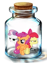 Size: 600x800 | Tagged: artist needed, safe, apple bloom, scootaloo, sweetie belle, earth pony, pegasus, pony, unicorn, g4, bottle, cutie mark crusaders, female, filly, pony in a bottle