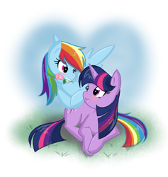 Size: 911x962 | Tagged: safe, artist:bamboodog, rainbow dash, twilight sparkle, pegasus, pony, unicorn, g4, blushing, female, flower, flower in mouth, lesbian, mare, mouth hold, prone, rose, ship:twidash, shipping