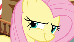Size: 1600x900 | Tagged: safe, screencap, fluttershy, pegasus, pony, g4, putting your hoof down, season 2, devious, female, flutterbitch, grin, mare, new fluttershy, smiling, solo, sugarcube corner