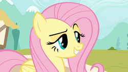 Size: 1600x900 | Tagged: safe, screencap, fluttershy, pegasus, pony, g4, putting your hoof down, season 2, dreamworks face, female, fluttershy is best facemaker, mare, new fluttershy, raised eyebrow, satisfied, smug, solo, trollface