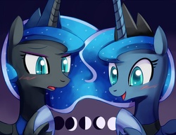 Size: 1000x772 | Tagged: safe, artist:negativefox, nightmare moon, princess luna, alicorn, pony, g4, blushing, bust, female, horn, lunar phases, mare, open mouth, portrait, smiling, tsundere moon