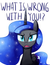 Size: 618x800 | Tagged: safe, artist:negativefox, nightmare moon, alicorn, pony, g4, bronybait, disgusted, female, looking at you, mare, question, simple background, solo, talking, talking to viewer, tsundere, tsundere moon, white background