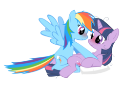 Size: 1450x1025 | Tagged: safe, artist:oceanbreezebrony, rainbow dash, twilight sparkle, pegasus, pony, unicorn, g4, blushing, eye contact, female, lesbian, looking at each other, love, mare, on back, ship:twidash, shipping, show accurate, simple background, transparent background, unicorn twilight