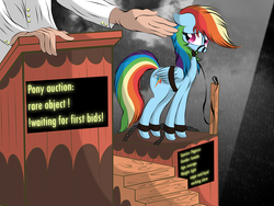 Size: 3072x2304 | Tagged: safe, artist:v-d-k, rainbow dash, human, pegasus, pony, g4, auction, bondage, bound wings, collar, crying, dashabuse, female, floppy ears, gag, high res, leash, living object, mare, muzzle gag, sad, shackles, slave, slave auction, slavery, spotlight, story in the comments