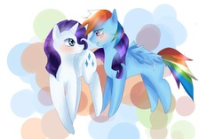 Size: 900x565 | Tagged: safe, artist:ao-no-comatose, rainbow dash, rarity, pegasus, pony, unicorn, g4, abstract background, blushing, eye contact, female, lesbian, looking at each other, mare, ship:raridash, shipping