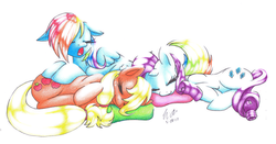 Size: 3257x1704 | Tagged: safe, artist:digsie, artist:newdigs13, applejack, rainbow dash, rarity, earth pony, pegasus, pony, unicorn, g4, female, lesbian, mare, rarijackdash, ship:appledash, ship:raridash, ship:rarijack, shipping, sleeping, traditional art, yawn