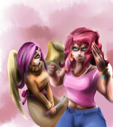 Size: 1068x1200 | Tagged: safe, artist:sundown, fluttershy, pinkie pie, human, g4, abstract background, badass, belly button, clothes, dress, duo, female, flutterbadass, humanized, knife, looking at you, martial arts, midriff, sweatershy, weapon, winged humanization, wings