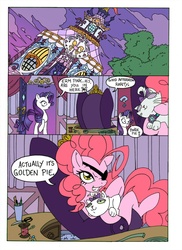 Size: 1000x1377 | Tagged: safe, artist:mohawkrex, artist:whysoseriouss, opalescence, pinkie pie, rarity, earth pony, pony, unicorn, comic:a piece of pie, g4, carousel boutique, colored, comic, eyepatch, female, golden pie, goldeneye, mare, pun, punny name, sitting